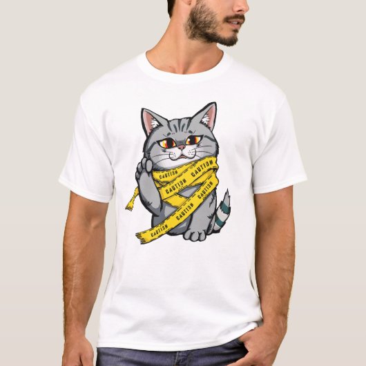 Attentie Tape Cat – Grappig Grijs Tabby T-shirt (Voorkant)