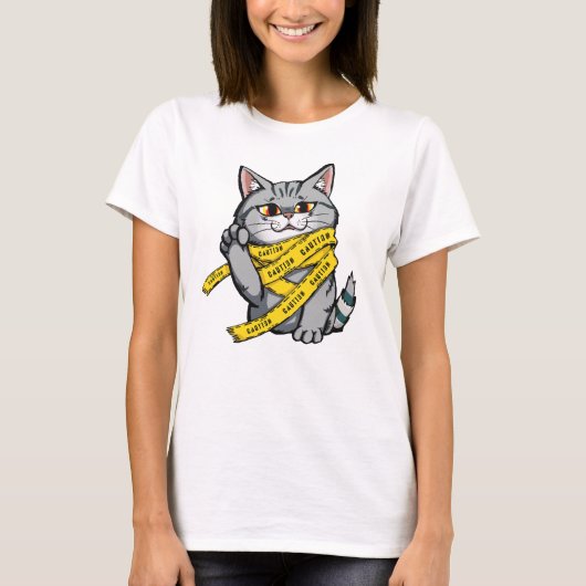 Attentie Tape Cat – Grappig Grijs Tabby T-shirt (Voorkant)