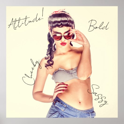 Attitude! Retromodel in korte broek en bikini top. Poster (Voorkant)