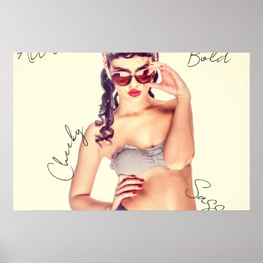 Attitude! Retromodel in korte broek en bikini top. Poster (Voorkant)