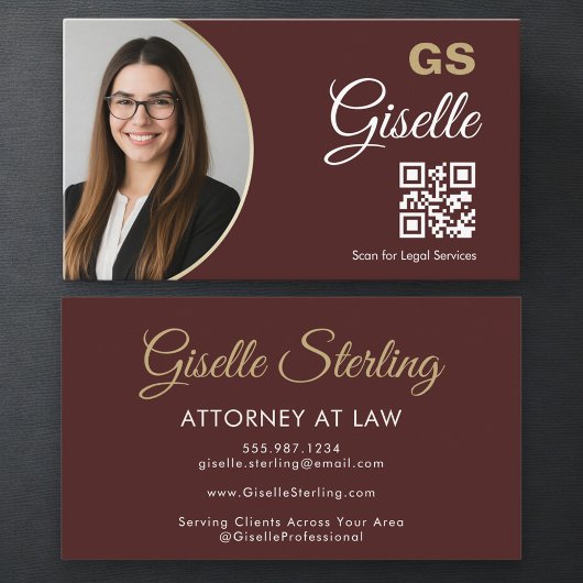 Attorney at Law Burgundy Gold Photo QR Code  Visitekaartje