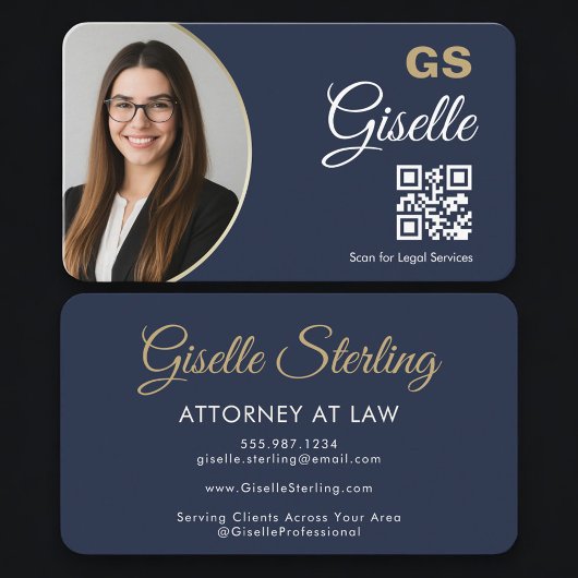 Attorney at Law QR Code Photo Navy Blue Gold  Visitekaartje