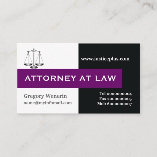Attorney at law schaal van justitie paarse, zwart visitekaartje (Voorkant)