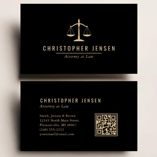 Attorney QR Code Black Gold Scales Simple Visitekaartje
