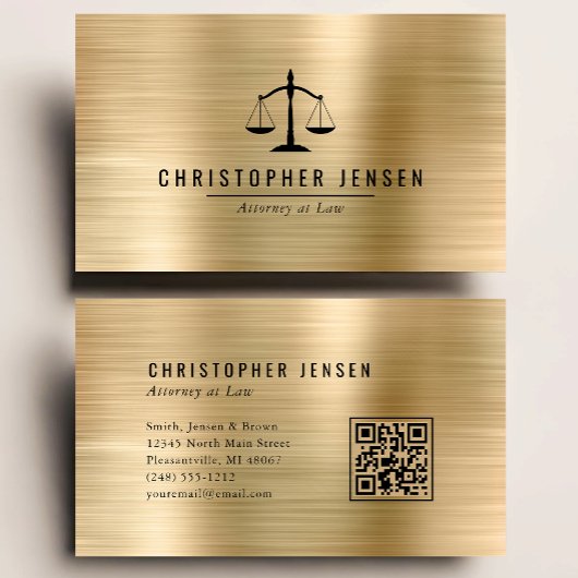 Attorney QR Code Black Scales Gold Brushed Metal Visitekaartje