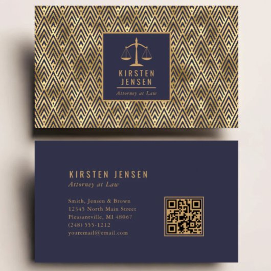 Attorney QR Code Blue Gold Geometric Deco Pattern Visitekaartje