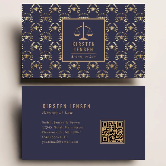 Attorney QR Code Dark Blue Gold Bee Laurel Pattern Visitekaartje