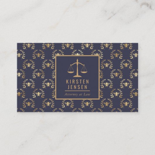 Attorney QR Code Dark Blue Gold Bee Laurel Pattern Visitekaartje (Voorkant)