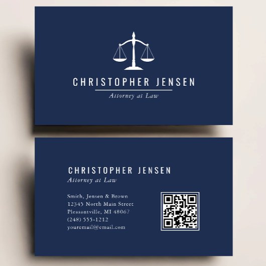 Attorney QR Code Navy Blue White Scales Simple Visitekaartje