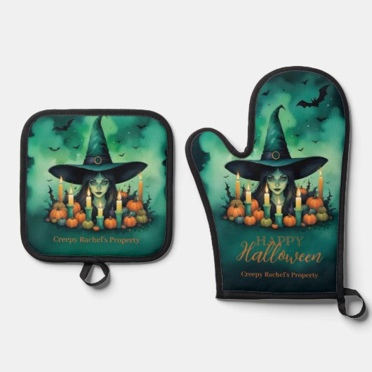 Attractive & Mystical Halloween Witch Conjures Ovenwant & Pannenlap Set (Voorkant)