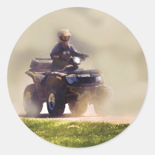 ATV All Terrain Vehicle & Driver in het stof Ronde Sticker (Voorkant)