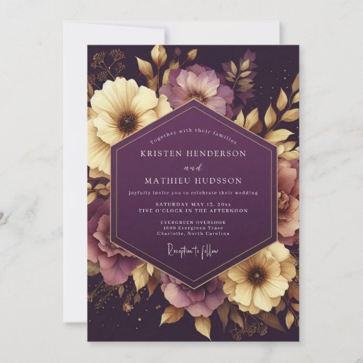 Aubergine Baroque Bloom Wedding Kaart (Voorkant)