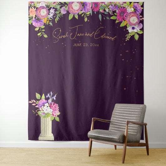 Aubergine Bloemen Bruids Foto Booth Achtergrond Wandkleed (In situ)