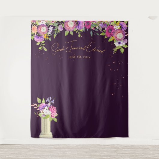 Aubergine Bloemen Bruids Foto Booth Achtergrond Wandkleed (Voorkant)