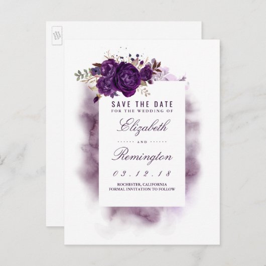 Aubergine Bloemen Elegant Save the Date Aankondigingskaart (Voorkant / Achterkant)