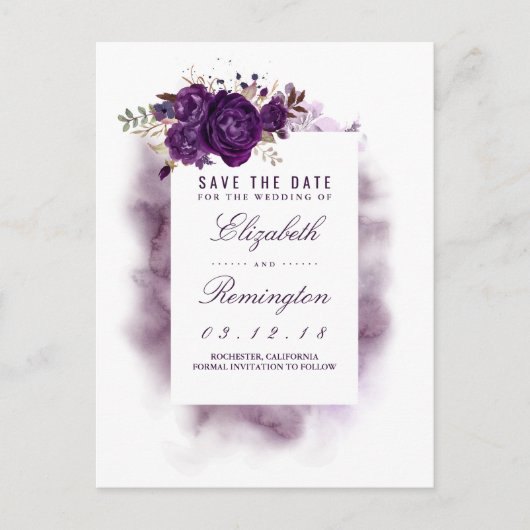 Aubergine Bloemen Elegant Save the Date Aankondigingskaart (Voorkant)