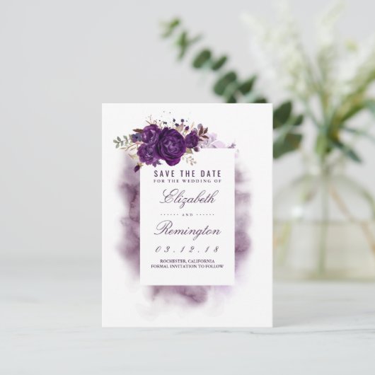 Aubergine Bloemen Elegant Save the Date Aankondigingskaart (Staand voorkant)