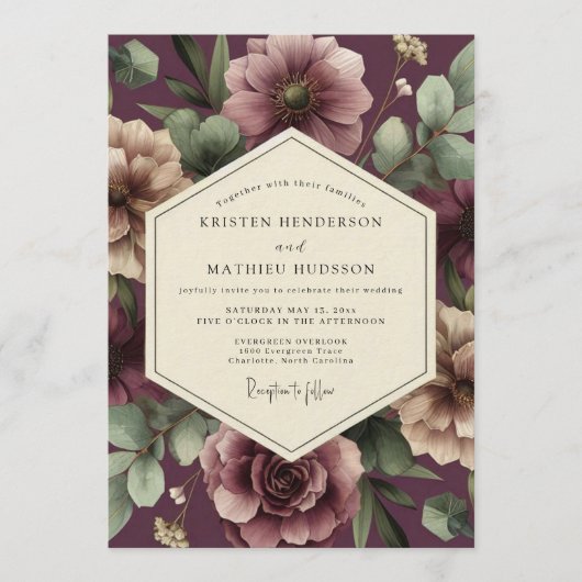 Aubergine Blush Moody Flora Bruiloft Kaart (Voorkant)