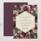Aubergine Blush Moody Flora Bruiloft Kaart (Voorkant / Achterkant)