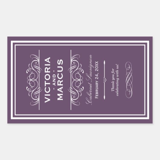 Aubergine Bruiloft Wijn Fles Monogram Favor Rechthoekige Sticker (Voorkant)