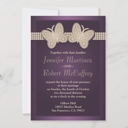 Aubergine Butterfly Wedding Invitations Kaart (Voorkant)