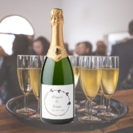 Aubergine eenvoudige hart krans bruiloft sparkling wijnetiket