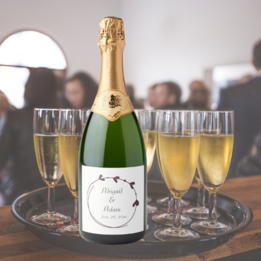 Aubergine eenvoudige hart krans bruiloft sparkling wijnetiket