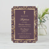 Aubergine en Gold Cross Script Bloemdoop Kaart (Staand voorkant)