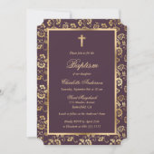 Aubergine en Gold Cross Script Bloemdoop Kaart (Voorkant)