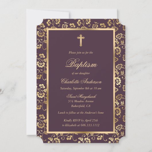 Aubergine en Gold Cross Script Bloemdoop Kaart (Voorkant)