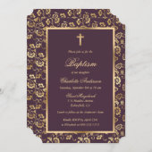 Aubergine en Gold Cross Script Bloemdoop Kaart (Voorkant / Achterkant)