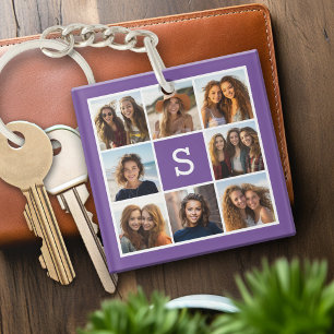 Aubergine en Wit Fotocollage Aangepast Monogram Sleutelhanger