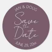 Aubergine gestileerde bruiloft Save the Date Ronde Sticker (Voorkant)