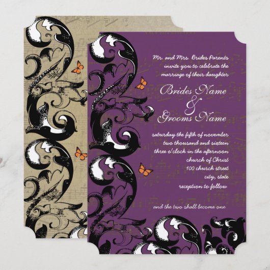 Aubergine Goud Metallic Butterfly Swirl Wedding Kaart (Voorkant / Achterkant)
