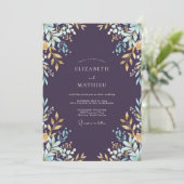 Aubergine Gouden Blad Bruiloft Kaart (Staand voorkant)