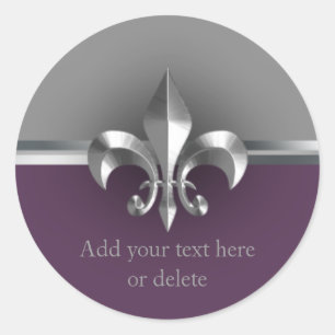 Aubergine Grijs Metalen Stijl Zilver Fleur de Lis Ronde Sticker