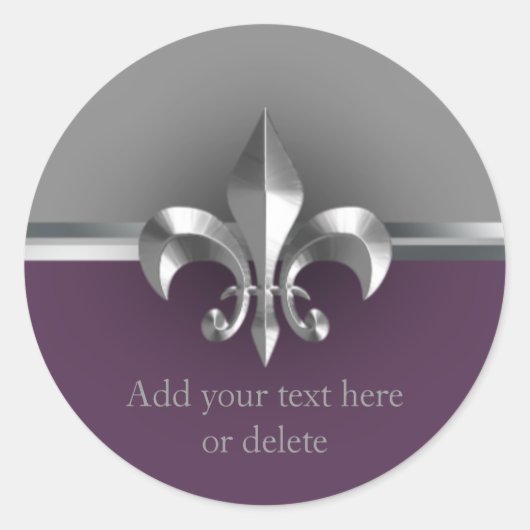 Aubergine Grijs Metalen Stijl Zilver Fleur de Lis Ronde Sticker (Voorkant)