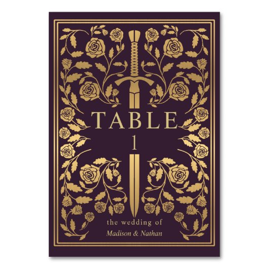 Aubergine Koninklijke middeleeuwse Zwaard Bruiloft Kaart (Voorkant)