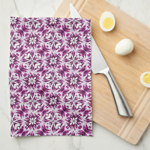 Aubergine, Magenta & Witte Damast Bloemmotief Theedoek