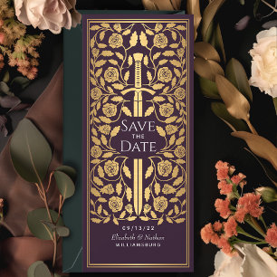 Aubergine Middeleeuws Zwaard Save the Date Uitnodi Kaart