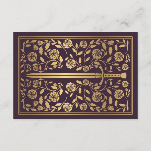 Aubergine middeleeuwse zwaard bruiloft RSVP Informatiekaartje (Achterkant)