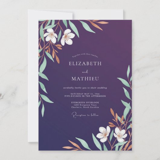 Aubergine Mint Bloem Bruiloft Kaart (Voorkant)