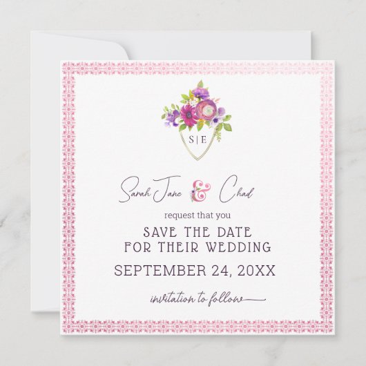 Aubergine Mulberry Crest Bruiloft Save The Date (Voorkant)