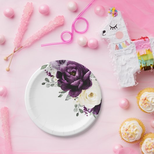 Aubergine Paars Pruim Ivoor Witte Bloemige Trouw Papieren Bordje (Feest)