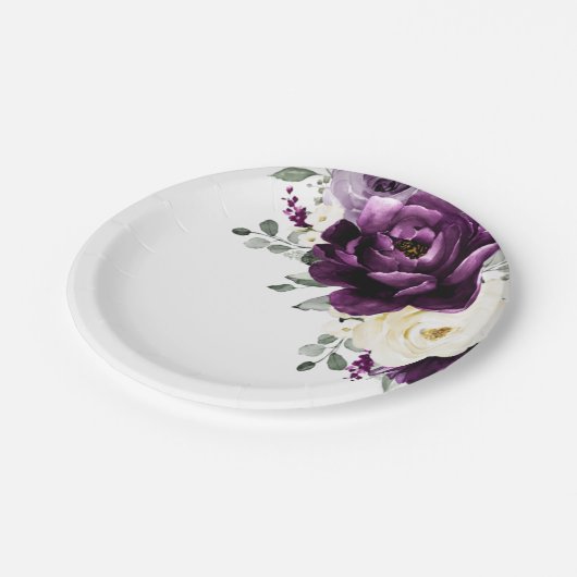 Aubergine Paars Pruim Ivoor Witte Bloemige Trouw Papieren Bordje (Gekanteld)