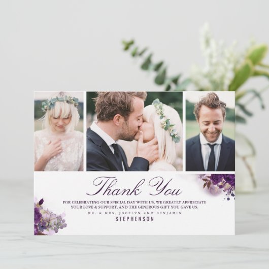 Aubergine paarse bloemen bruiloft 3 foto's bedankkaart (Staand voorkant)
