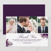 Aubergine paarse bloemen bruiloft 3 foto's bedankkaart (Voorkant / Achterkant)