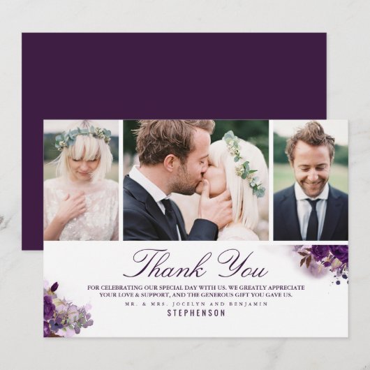 Aubergine paarse bloemen bruiloft 3 foto's bedankkaart (Voorkant / Achterkant)