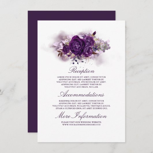 Aubergine Paarse Bloemen Bruiloft Informatie Gast Informatiekaartje (Voorkant / Achterkant)