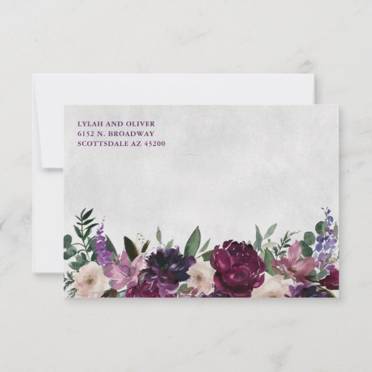 Aubergine Paarse Bloemen Bruiloft RSVP invoegen (Achterkant)